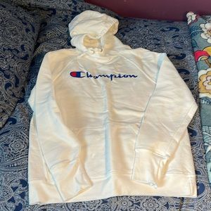 Champion, white, hooded sweatshirt, size large